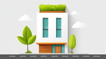 Eco-designed building with green rooftop, vertical wind turbines, and solar panels, showing sustainable architecture powered by renewable energy technologies.