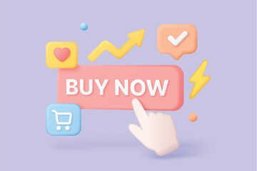 Buy now button in 3d style with hand cursor, shopping cart, heart, checkmark, and arrow icons for ecommerce marketing and website conversion vector illustration