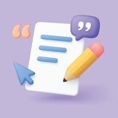 Creative 3d copywriting concept showing a pencil, document, cursor, and quotation marks for content creation, writing, marketing, and communication on a purple background vector illustration