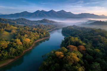 Massive hydroelectric energy dam within natural forest setting, mist rising from base, symbolizing clean energy from water without harming surrounding ecosystems.