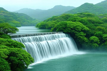 Massive hydroelectric energy dam within natural forest setting, mist rising from base, symbolizing clean energy from water without harming surrounding ecosystems.