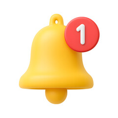 Golden notification bell with the number one next Transparent Background