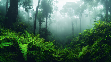 Obraz premium Foggy Tropical Rainforest with Ferns and Sunlight