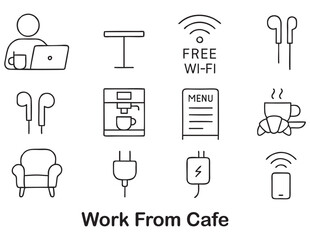 Work from Café Icon Set – Minimal Black and White Outline Vector for Remote Lifestyle