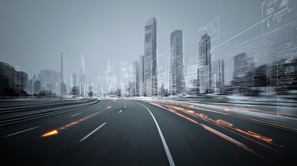 Naklejka premium Smart curved road in futuristic city with augmented data overlay