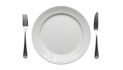 Clean Empty White Plate with Knife and Fork Isolated on Transparent Background &ndash; Minimal Table Setting