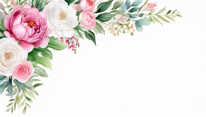 Fototapeta premium watercolor floral corner border with pink and white peonies roses and greenery on white background