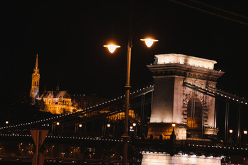 Danube embankment at the evening and night. Autumn in Budapest. Old architecture. High resolution...