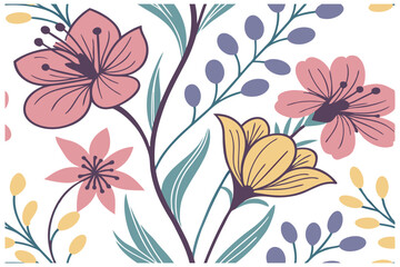 Elegant Floral Design Delicate Pink, Yellow, and Purple Flowers with Branches