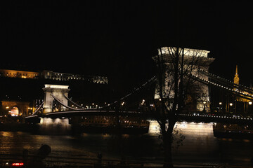 Danube embankment at the evening and night. Autumn in Budapest. Old architecture. High resolution...