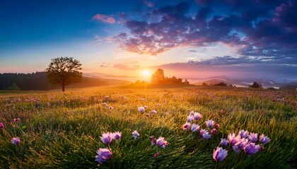 Fototapeta premium colorful spring sunrise on meadow