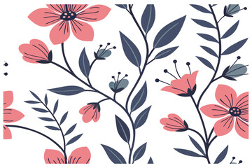 Elegant Floral Pattern Pink Flowers and Dark Green Leaves Seamless Design