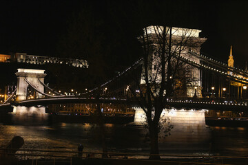 Danube embankment at the evening and night. Autumn in Budapest. Old architecture. High resolution...