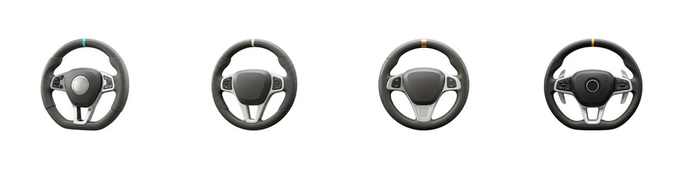Steering Wheel Selection: A quartet of sleek, modern steering wheels arranged in a row, showcasing varying designs and features, perfect for automotive enthusiasts. 