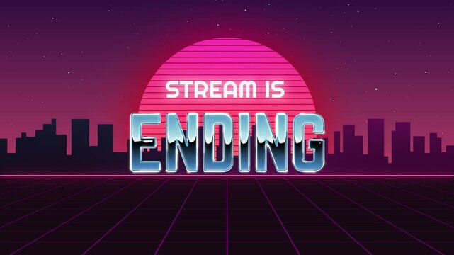 80s Retro Stream Ending Screen Animation with Neon Grid and Synthwave Background