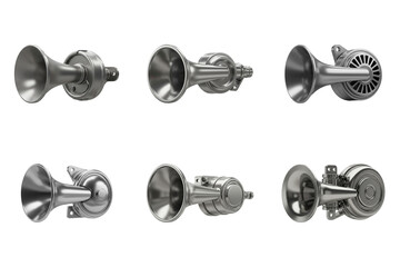 Six Air Horns: Collection of six different air horns, showcasing various designs and sizes, ideal for industrial, automotive, or marine applications.