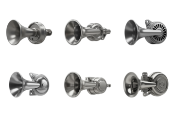 Six Air Horns: Collection of six different air horns, showcasing various designs and sizes, ideal for industrial, automotive, or marine applications.