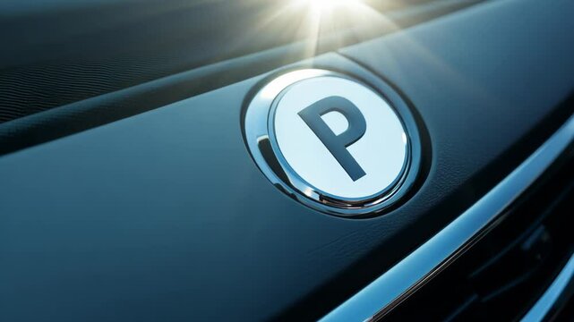 Precision parking sensor button gleaming on sleek car dashboard, sunlight casting intricate reflections across metallic surface, highlighting automotive technology design
