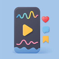 Colorful 3d play button with heart, chat, and bookmark icons representing social media video engagement on a blue background for digital marketing and content creators vector illustration