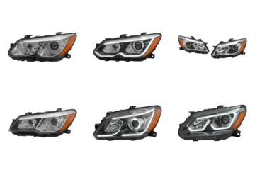 Car Headlight Selection: A series of stylish headlights of the vehicle, showcasing a variety of design options, including intricate details. Each headlight assembly is presented to the forefront.