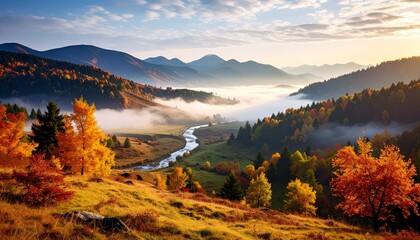 mystical foggy landscape in autumn