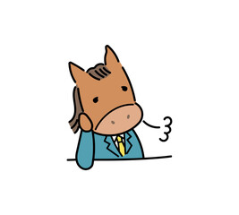 ため息をついて頬杖をつく馬のキャラクター