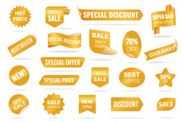 Red labels of hot and new sales, promo stickers of different shapes with text set. Best seller and special price of product, discount and giveaway promotion banners collection vector illustration