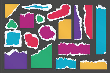 Torn paper pieces of different shapes and colors, blank frames with ripped rough white edges set. Red and purple notes, blue and green pages, yellow scrap of cardboard collection vector illustration