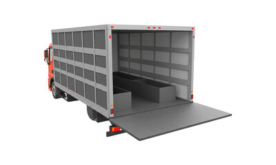 Delivery Truck Rear View: A robust delivery truck displays its open cargo area, presenting a view into its practical interior, ready to transport goods and services efficiently. 