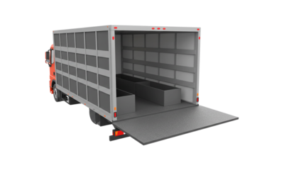 Delivery Truck Rear View: A robust delivery truck displays its open cargo area, presenting a view into its practical interior, ready to transport goods and services efficiently. 