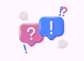 Speech bubble with ? and !, questions and answers, faq chat. 3d vector icon. Cartoon minimal style. 3D Web Vector Illustrations.