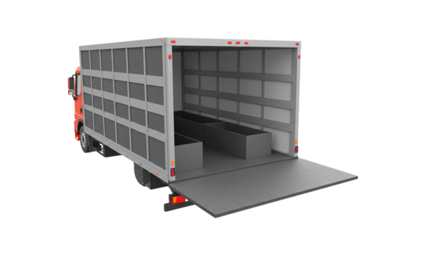 Delivery Truck Rear View: A robust delivery truck displays its open cargo area, presenting a view into its practical interior, ready to transport goods and services efficiently. 