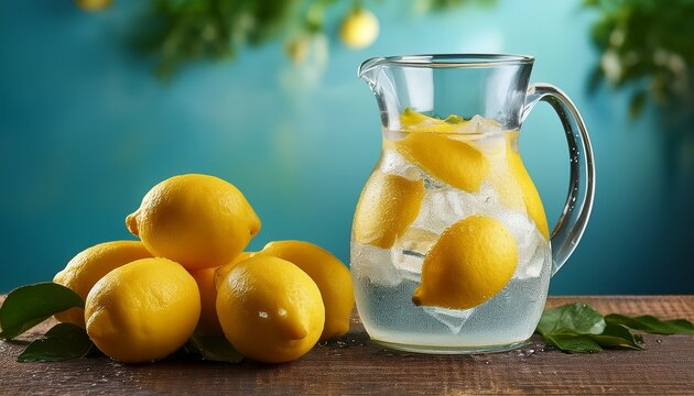 yellow lemons and a clear glass pitcher filled with ice water