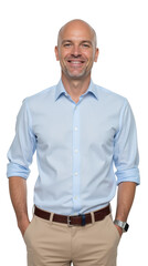 Professional man smiling, wearing light blue shirt and beige pants, exuding confidence and approachability