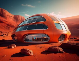 Obraz premium orange futuristic building with large windows sits on a red rocky landscape suggesting a mars colony
