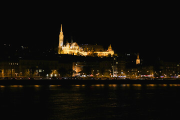 Danube embankment at the evening and night. Autumn in Budapest. Old architecture. High resolution...