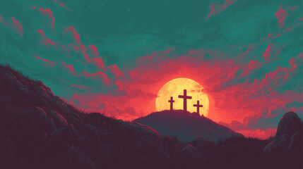 Fototapeta premium crosses on a hill at dramatic sunset – symbolic christian illustration for easter, spiritual prints, or religious publications