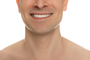 Smiling man after shaving on white background, closeup