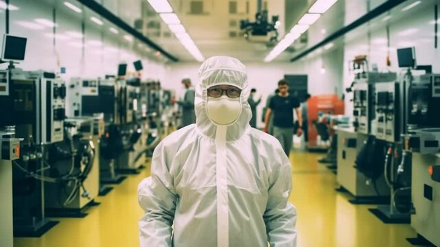 Scientist in Sterile Cleanroom Wearing Full Protective Suit in High Tech Laboratory Environment
