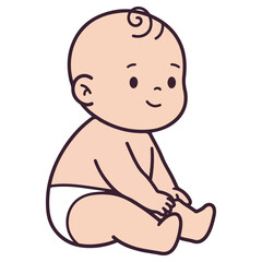 A cute cartoon baby sitting in a diaper, smiling. Represents new life, innocence, and childhood. Perfect for baby shower invitations, pediatric care, or parenting blogs.