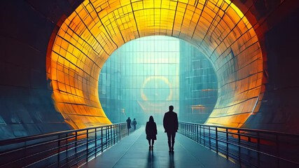 Two people walking in a tunnel with a bright light - Powered by Adobe