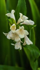 Obraz premium Close-up of delicate creamy white flowers blooming against a lush green backdrop