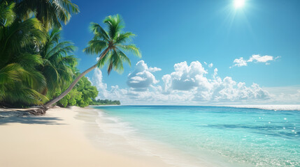 Fototapeta premium Serene tropical beach featuring clear turquoise water and soft white sand, surrounded by lush palm trees under bright blue sky. scene evokes sense of tranquility and relaxation
