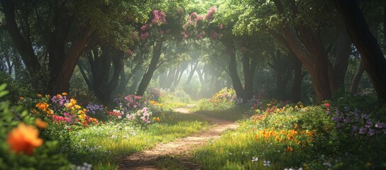 The center of a fantasy fairy tale forest features a magnificent archway smothered in vines, set against a dreamy backdrop of mist and springtime, all meticulously created in a 3D digital art
