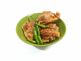 Fried tofu coated with wheat flour, served with bird's eye chili