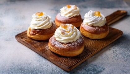 delicious semla buns with whipped cream and icing for fika swedish pastry dessert photography