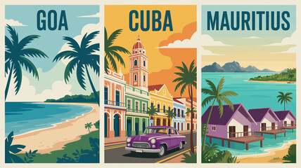Vintage Travel Poster Triptych Goa, Cuba, Mauritius