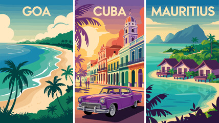 Vintage Travel Poster Triptych Goa, Cuba, Mauritius – A Retro Escape