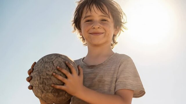 Confident soccer player showcasing youthful enthusiasm, smiling broadly while holding ball, capturing pure childhood joy through dynamic photographic series