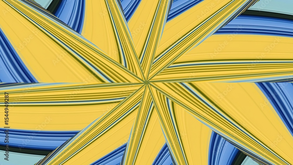 Poster abstract kaleidoscope pattern featuring yellow and blue with a star like central design element